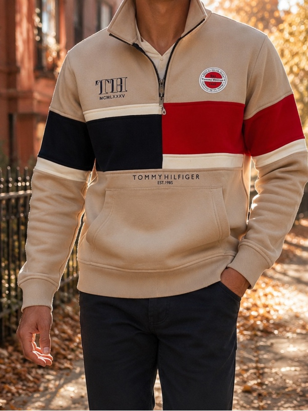 Tommy Hilfiger Beige Quarter-Zip Colorblock Sweater with Red & Navy Bands